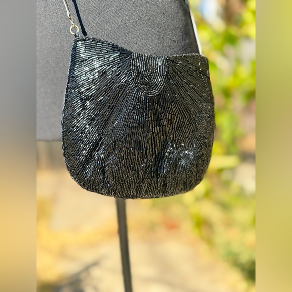 Vintage Hand Beaded Black Evening Shoulder Purse Bag - Picture 4 of 9